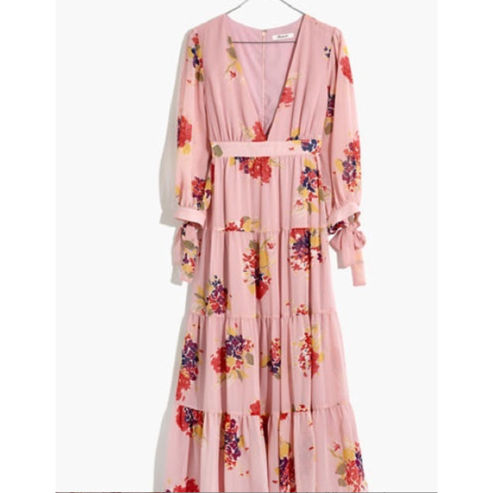 Madewell Floral Tie-Sleeve Tiered Midi Dress Market Pink Bouquet Wisteria 2